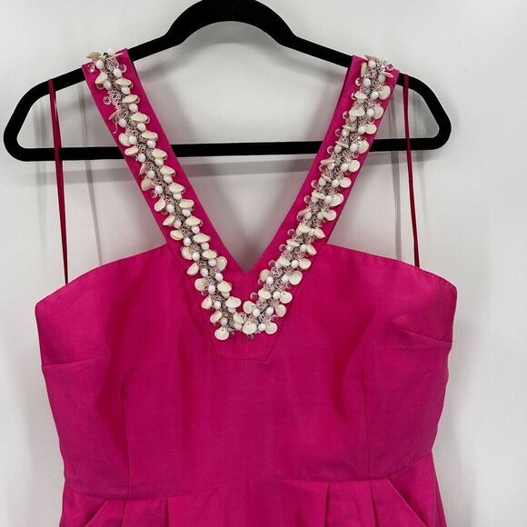 KATE SPADE Pink White Seashell Bead V-Neck Pleated Barbiecore Mini Dress Size 10 - Picture 5 of 11